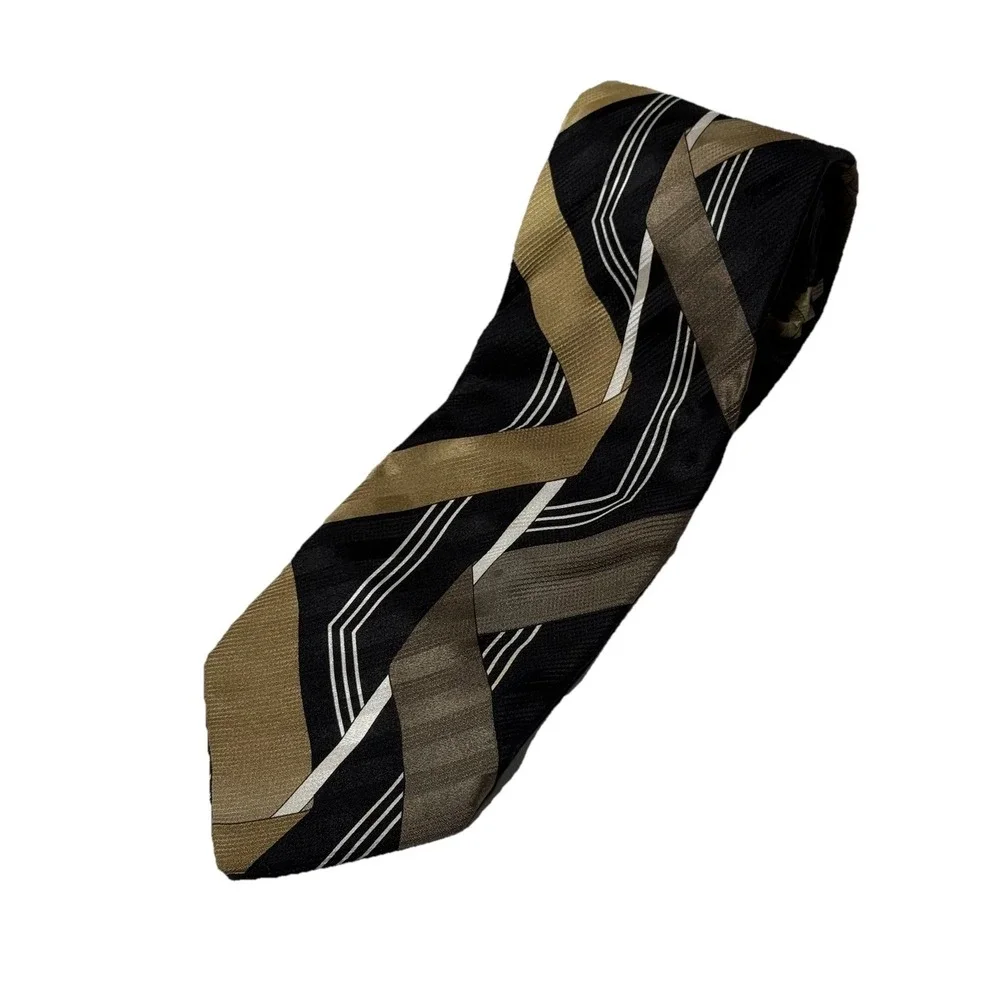 Vitaliano Pancaldi Silk Necktie Geometric Black Gold Grey Diagonal Stripe Giove